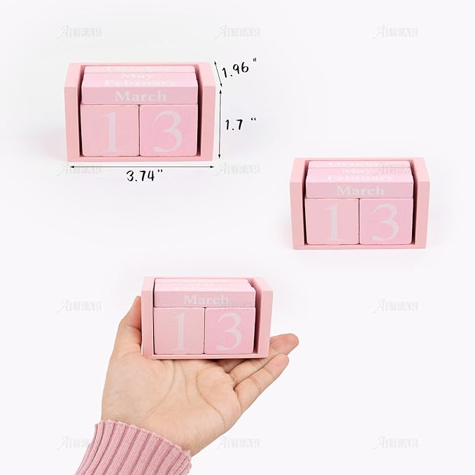 AUEAR, Wooden Block Perpetual Desk Calendar Desktop Cube Rustic Chic Number for Home Office Decoration (Pink, 1 Pack)