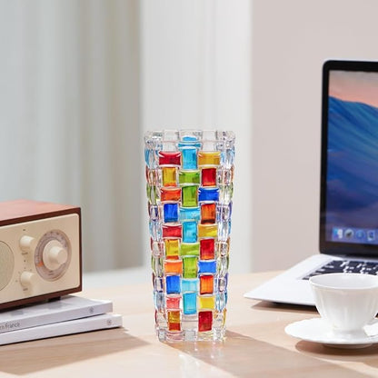 Hand Woven Colorful Glass Flower Vase - 7.7 Inch Mosaic Crystal Vase for Flowers, Unique Stained Glass Vase for Centerpieces, Weddings, Home Decor & Gifts for Women