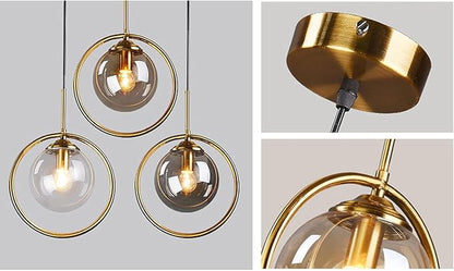 Pendant Light Modern Minimalist Hanging Lamp with Spherical Glass Shade and Brass Metal Ring Adjustable Height for Dining Room Bedroom Living Room (Amber)