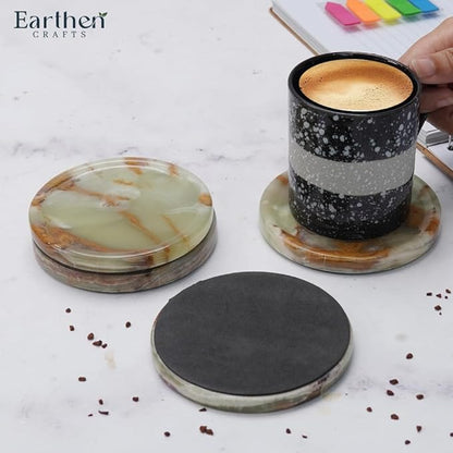 Marble Coasters Set of 4 for Drinks Green Onyx Handmade 4 Inches Stone Drink Coaster for Bar Accessories, Dining Table, Office Desk, Home Decor & Ideal