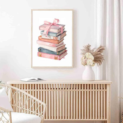 Book Lover Posters Pink Bow Pictures Book Stack Poster Inspirational Picture Educational Prints Coquette Trendy Preppy Poster Aesthetics Pink Girls Dormitory Living Room Decor 16x24inch No Frame
