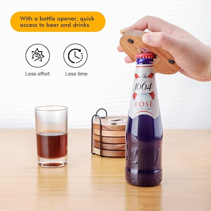 Wood Coasters for Drinks with Bottle Opener Holder Set of 6, Acacia Wooden Cup Coaster for Coffee Table Dining Table Desk with Non-Slip Pad for Dad Home Office Christmas Decor 4 Inch