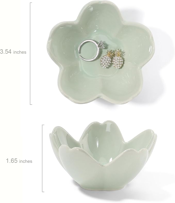 Flower Ring Dish Holder,Jewelry Dish Tray,Small Trinket Tray,Jewelry Plate Bowl,Key Bowl,Decorative Plate,Birtdhay Christmas Gifts for Women Friends,Ceramic Kiln effect Green