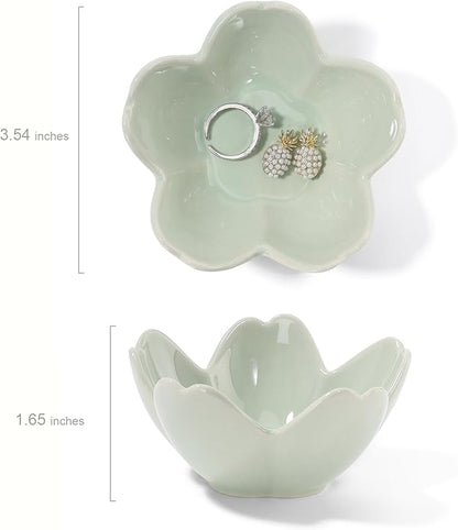 Flower Ring Dish Holder,Jewelry Dish Tray,Small Trinket Tray,Jewelry Plate Bowl,Key Bowl,Decorative Plate,Birtdhay Christmas Gifts for Women Friends,Ceramic Kiln effect Green