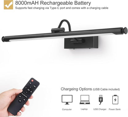 Black Wireless Picture Light, 23.6" Rechargeable LED Art Lamp with Remote, Dimmable Brightness, Timer & Adjustable Arm for Paintings, Mirrors, and Frames