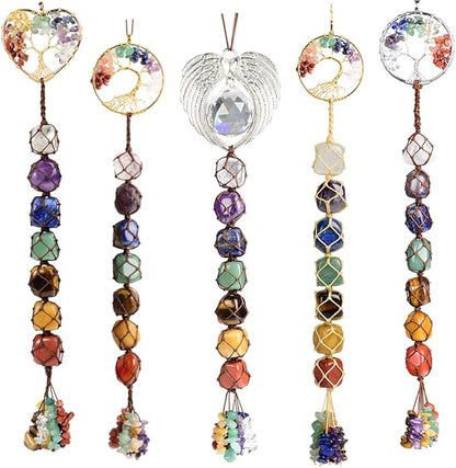 Anjiucc 7 Chakra Stone Healing Crystal Tree of Life Wall Hanging Home Interior Decoration，Window Decoration，Yoga Meditation