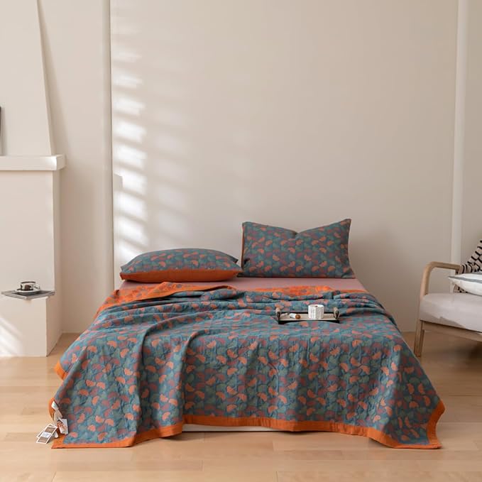 100% Cotton Muslin Blanket Jacquard Floral Ginkgo Leaves Print Quilt, Soft Bed Cover 3 Layers Reversible Bedspread Coverlet Breathable Lightweight Bedding Twin(59"x94"), No Pillow Sham