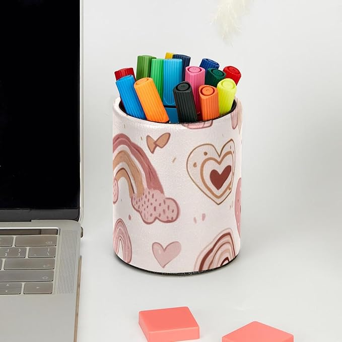 Pen Holder for Desk, Cute Hearts and Rainbows in Pastel Pink and Beige Tones Round Leather Stand Pencil Cup Office Desk Organizer for Women Men Teachers, 3.9 x 3.9 x 3.1 inches