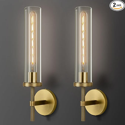 Brass Wall Sconces Set of Two, 19.48" Modern Wall Lighting with Clear Glass Tube, Bathroom Vanity Lights, Bronze Sconces Wall Lights for Bedroom, Living Room, Hallway, Staircase (Including Bulb)