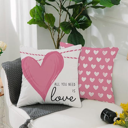 GEEORY Valentines Day Pillow Covers 18X18 inch Set of 4 for Valentines Decor Pink White Stripes Dots Love Heart Valentines Day Throw Pillows Decorative Cushion Cases Valentine Decorations