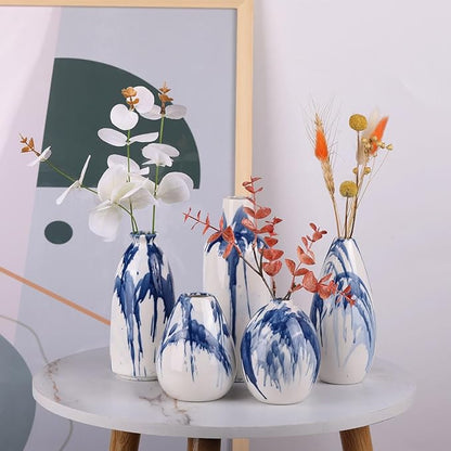 Set of 5 Blue and White Ceramic Small Bud Vases - Modern Farmhouse Navy Blue Decorative Vases for Home, Office, Living Room, Table Decor - Ideal Centerpieces for Flowers, Shelf and Fireplace Accents