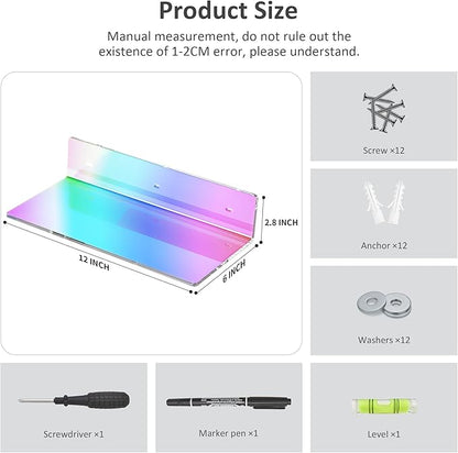 Sezanrpt 12 Inches Iridescent Wall Shelves, Moisture-Proof Acrylic Organizer Shelves for Bathroom, Bedroom, Living Room, Retail, 4 Pack