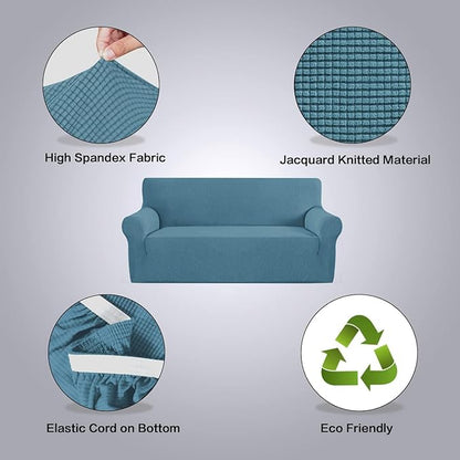 H.VERSAILTEX Stretch Couch Covers for Sofa 1 Piece Slipcovers for Couch and Sofas 3 Seater Couch Cover Feature Thick Checked Jacquard Fabric with Elastic Bottom(Large Sofa 90"-100" Wide, Storm Blue)