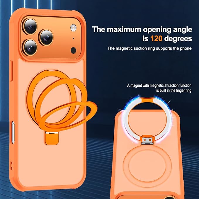 Compatible with iPhone 17 Pro Case with Invisible Magnetic O-Ring Stand Military-Grade Translucent Phone Case for iPhone 17 Pro 6.3" [Compatible with Mag-Safe][Great Grip Feeling],Orange