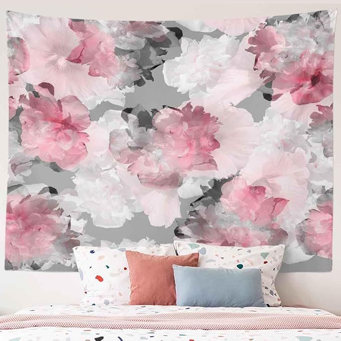 BULOR Peony Flower Pink Grey Tapestry Wall Hangings, Watercolor Floral Peonies Poster Tapestry For Kids Student Bedroom Living Room Dorm Man Cave Background 80x60inch