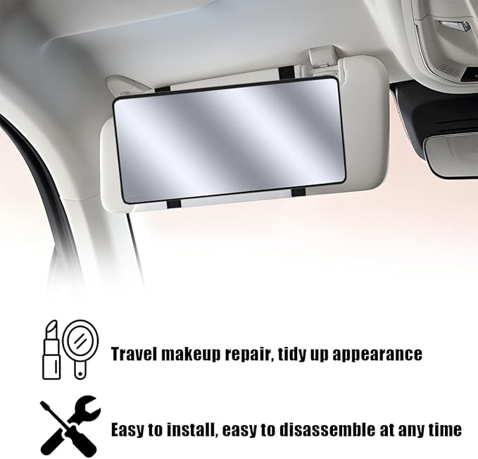 Car Sun Visor Vanity Mirror, Vehicle Sun-Shading Cosmetic Makeup Mirror with Straps, Large Automotive Interior Rear View Travel Accessories, Universal for SUV, Sedan, Truck(Black)