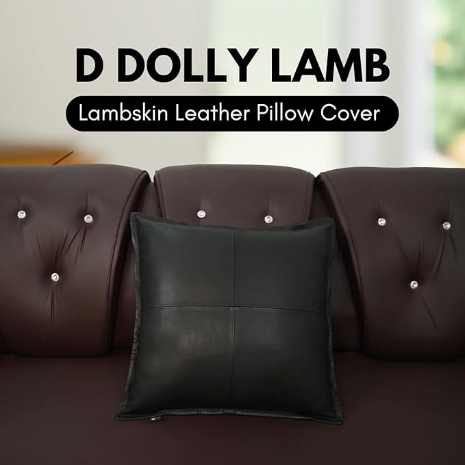 D DOLLY LAMB Lambskin Leather Pillow Cover - Sofa Cushion Case - Decorative Throw Covers for Living Room & Bedroom, 14x14 Inches - Black Box