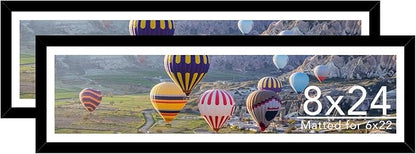 8x24 Picture Frame Set of 2 with 6x22 Mat, Panoramic Picture Frame Display Photo 6x22 with Mat or 8 x 24 Without Mat, Wall Hanging Large 8 by 24 Poster Frame with Plexiglass, 2 Pack, Black