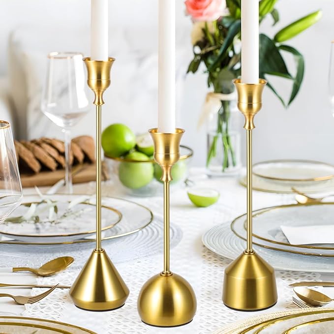 Elegant Vintage Brass Gold Candlestick Holders, Set of 3 Taper Candle Holders with Weighted Base for Wedding, Dining Table, Holiday Decor
