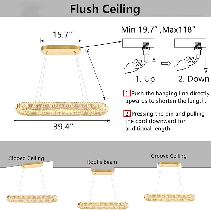 LED Ring Chandelier Oval Rings Pendant Lights for Dining Table Kitchen Island Remote Dimmable Hanging Light Chandeliers for Entryway Living Room Crystal Lighting Gold