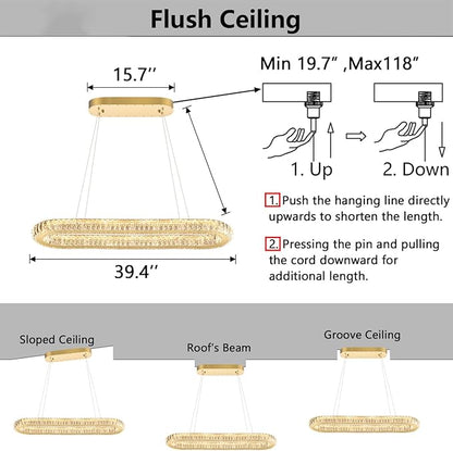 LED Ring Chandelier Oval Rings Pendant Lights for Dining Table Kitchen Island Remote Dimmable Hanging Light Chandeliers for Entryway Living Room Crystal Lighting Gold
