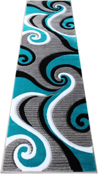 Masada Rugs, Sophia Collection Hand Carved Area Rug Modern Contemporary Turquoise White Grey Black (2 Feet X 7 Feet 3 Inch) Runner