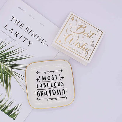 Littlefa Fabulous Grandma Quote Ceramic Ring Dish Decorative Plate Jewelry Trinket Tray - Unique Meaningful Gift for Grandma, Mother's Day, Birthday, Christmas