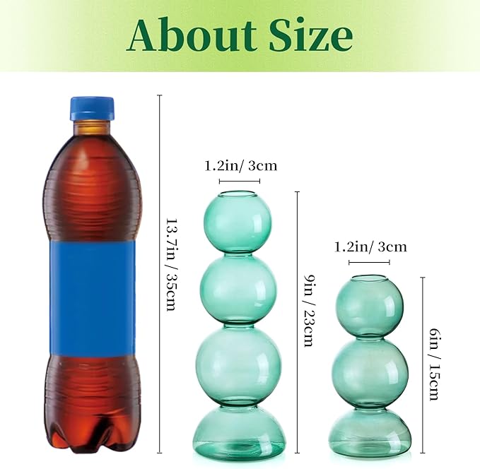 Glass Bubble Vases for Flowers, Hewory 2pcs Green Unique Cute Single Flower Vase for Centerpieces, Funky Aesthetic Vase Skinny Bud Vase, Cool Groovy Decor for Home Living Room Bedroom Office Tabletop