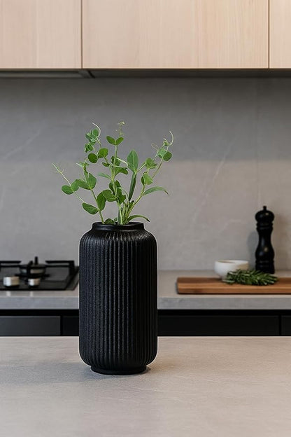Matte Black Ceramic Flower Vase, 8 Inch Ribbed Vase for Pampas Grass, Fresh or Dried Flowers, Decorative Centerpiece for Living Room, Kitchen, Bookshelf, Office Decor