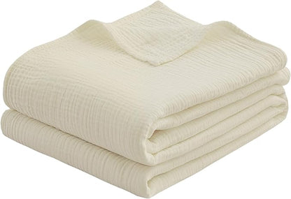 100% Cotton Muslin Queen Blanket (90" x 90") – A Luxuriously Soft, 4-Layer Lightweight and Breathable Gauze Blanket, Perfect for Year-Round use on beds, couches (Ivory, Queen)