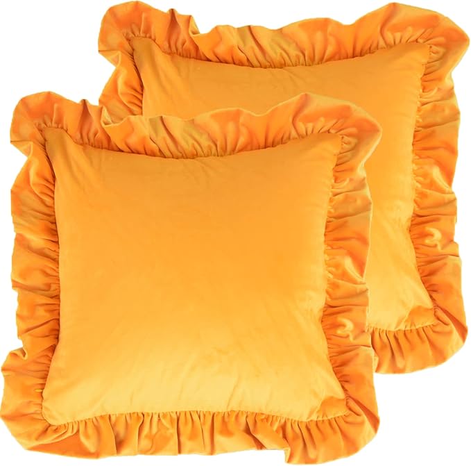 Velvet Ruffle Throw Pillow Covers Couch, Set of 2 Decorative Pillowcases with Ruffles 20x20 Inch Solid Color Shabby Chic Farmhouse Cushion Cover for Living Room Sofa Bed, Orange