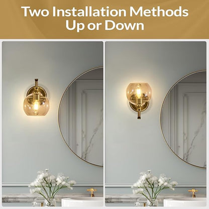 ANDY STAR Brushed Gold Bathroom Light Fixtures, Brass Vanity Lights for Mirror, 1-Light Bathroom Wall Sconces Lighting with Globe Clear Shade Up or Down Wall Mounted for Kitchen, Living Room, Hallway