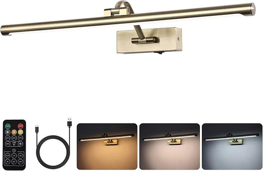 Antique Bronze LED Wireless Picture Lights for Wall Rechargeable, Battery Operated Art Light for Paintings, 3CCT Dimmable, 23.6 inch with Remote, Rotatable Gallery Light for Pictures Display
