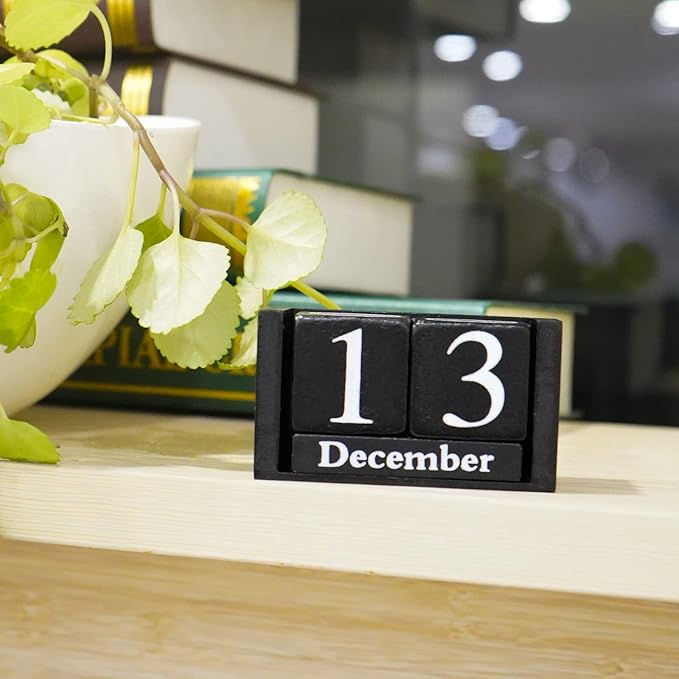 Perpetual Desk Calendar Wooden Block Calendar for Desk Reusable Date Display Blocks for Office Home Decor Teacher Classroom Accessory (Black)