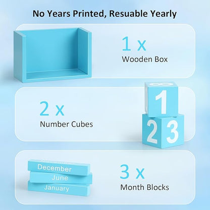 Wooden Block Calendar for Desk, Small Size Daily Desktop Perpetual Desk Calendar, Cute Date Display Desk Accessories for Home Office Decor, Teacher, Classroom, Reusable Yearly, Blue