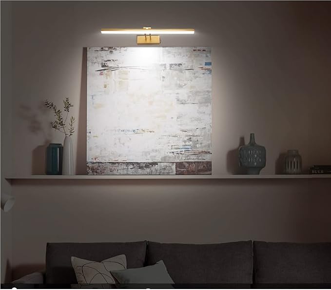 FUNCHDAY Picture Light,Battery Operated Picture Light for Wall,Wireless Remote Painting Light with Timer and Dimmable,16”Metal Art Light for Display,Wall,Artwork,Portrait,Gallery Gold-6000K