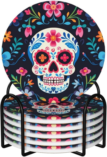 6 Pcs Ceramic Coasters with Holder Absorbent Drink Round Mexican Sugar Skull and Flowers Design for Home Table Coffee Cup Wine Beer Bar,Size 4.4 inches