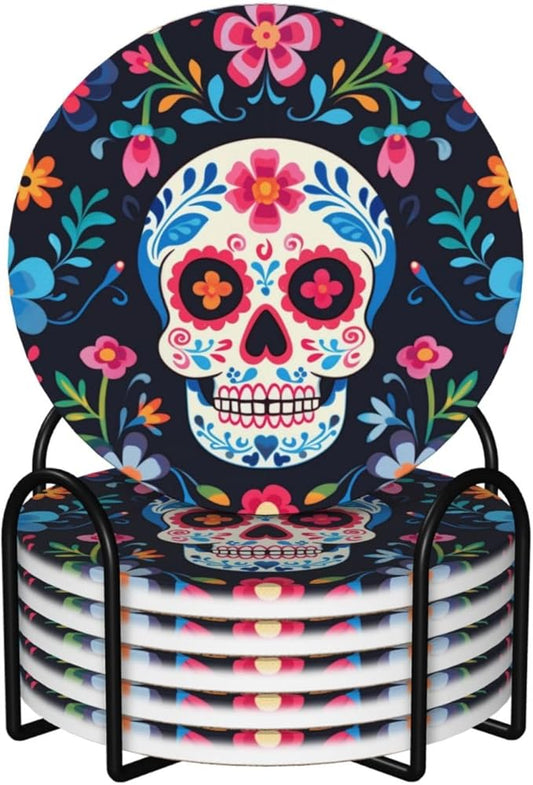 6 Pcs Ceramic Coasters with Holder Absorbent Drink Round Mexican Sugar Skull and Flowers Design for Home Table Coffee Cup Wine Beer Bar,Size 4.4 inches