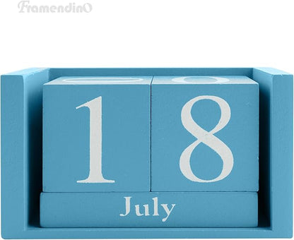 Framendino, Blue Vintage Wood Calendar Rustic Block Chic Perpetual Desktop Wooden Cubes Calendars for Home Office Desk Decoration