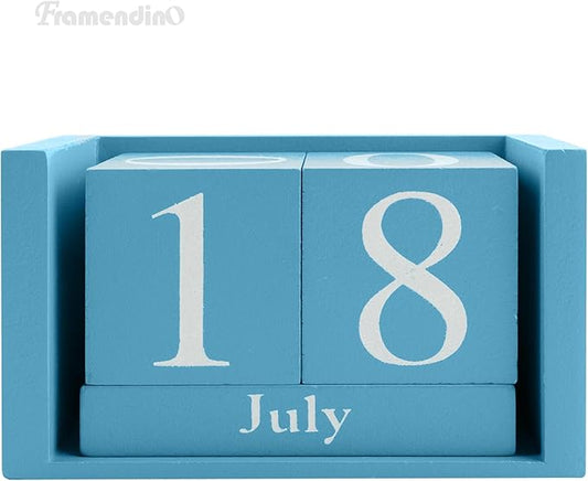 Framendino, Blue Vintage Wood Calendar Rustic Block Chic Perpetual Desktop Wooden Cubes Calendars for Home Office Desk Decoration