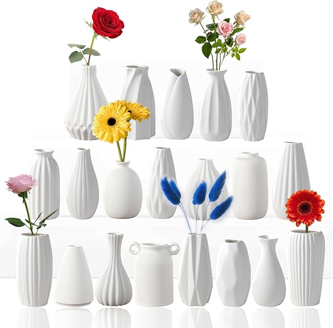 5'' White Ceramic Bud Vases Set of 20,Small Vases in Bulk for Flowers,Mini Vases for Centerpieces,Modern for Floral and Pampas Grass,Boho for Wedding,Party,Table Home Decor