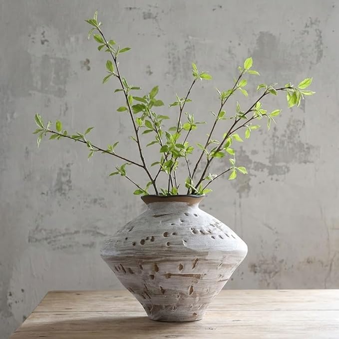 Wabi Sabi Rusty Vintage Vase, 11.4" Tall Wabi Sabi Decor Rustic Farmhouse Pottery Vase for Centerpiece, Textured Pottery Flower Vases for Home Decorative, Table, Living Room (White, Large)