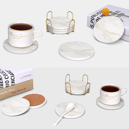 White Marble Style Ceramic Coasters Set of 6 with Holder Modern Coffee Table Decor Drink Coaster Gifts Absorbent Stone Coasters for Rustic Farmhouse Bar