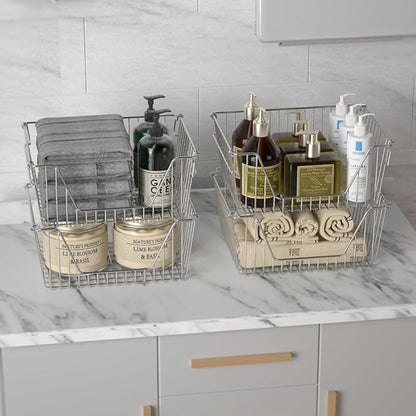 Slideep Large Stackable Storage Baskets Cabinet Organizer Sturdy Metal Wire Pantry Freezer Bin for Pantry Home Bathroom Kitchen Organization 4 Packs