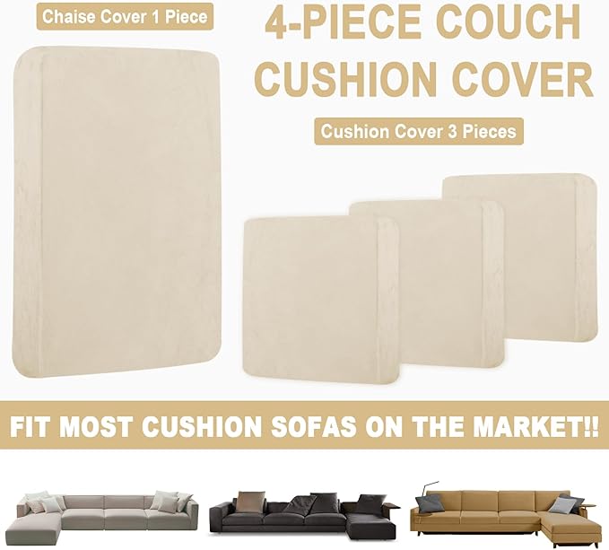 Sectional Couch Covers for 4-Piece Seat Cushion Velvet Separate L Shape Couch Cover Stretch Sofa Slipcover with 2 Pieces Pillowcases Furniture Protector (Sofa 3 Seater + 1 Chaise, Milk White)