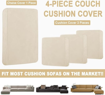 Sectional Couch Covers for 4-Piece Seat Cushion Velvet Separate L Shape Couch Cover Stretch Sofa Slipcover with 2 Pieces Pillowcases Furniture Protector (Sofa 3 Seater + 1 Chaise, Milk White)