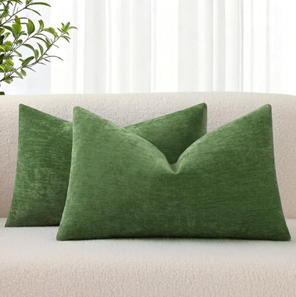 decorUhome Chenille Moss Green Spring Throw Pillow Covers 12x20 Inch Set of 2, Decorative Soft Couch Pillow Covers Solid Dyed Accent Farmhouse Neutral Rectangle Pillow Cases for Sofa