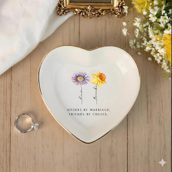 Personalized Sister in Law Jewelry Dish, Custom Birth Month Flower Sister by Marriage Friend by Choice Trinket Dish, To My Sister In Law Ring Dish Gift for Christmas Birthday