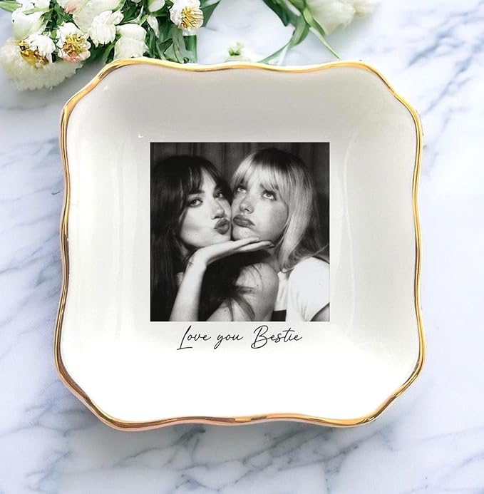 Chillever Personalized Besties Photo Ring Dish, Custom Jewelry Dish Gift for Besties, Soul Sister Trinket Gift for Long Distance Friendship Women BFF Christmas Birthday Wedding Gifts DS1