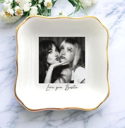 Chillever Personalized Besties Photo Ring Dish, Custom Jewelry Dish Gift for Besties, Soul Sister Trinket Gift for Long Distance Friendship Women BFF Christmas Birthday Wedding Gifts DS1